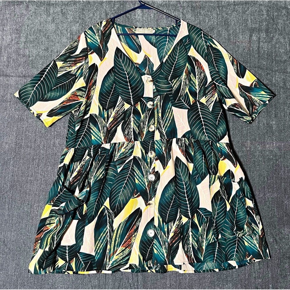 Belongsci Leaf Print A-Line Dress Womens M Green Beige V-Neck Button Pockets